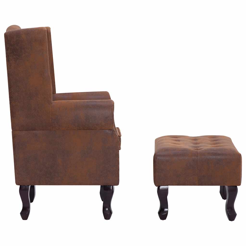 vidaXL Fotel Chesterfield z podnóżkiem, brązowy, sztuczny zamsz