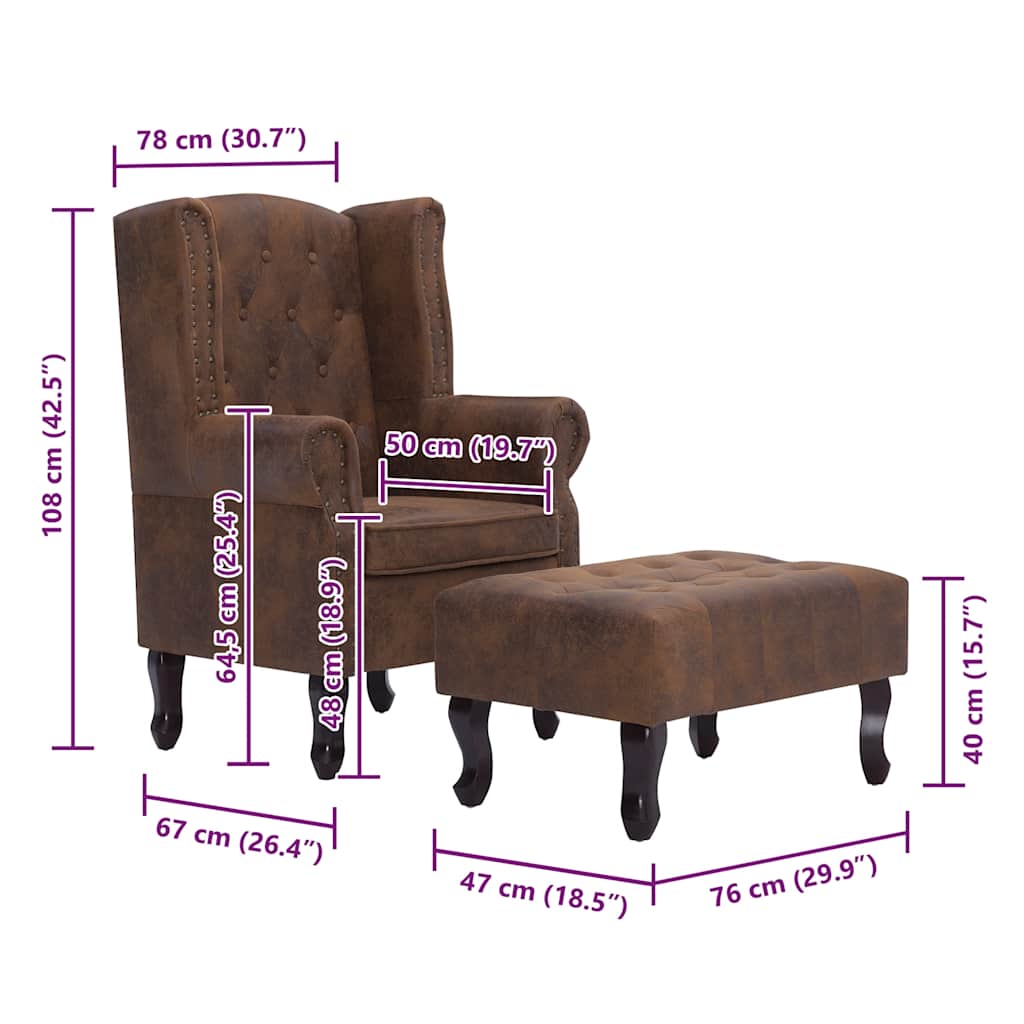vidaXL Fotel Chesterfield z podnóżkiem, brązowy, sztuczny zamsz