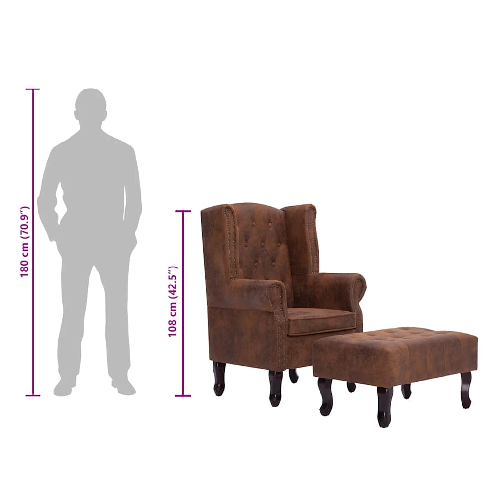 vidaXL Fotel Chesterfield z podnóżkiem, brązowy, sztuczny zamsz