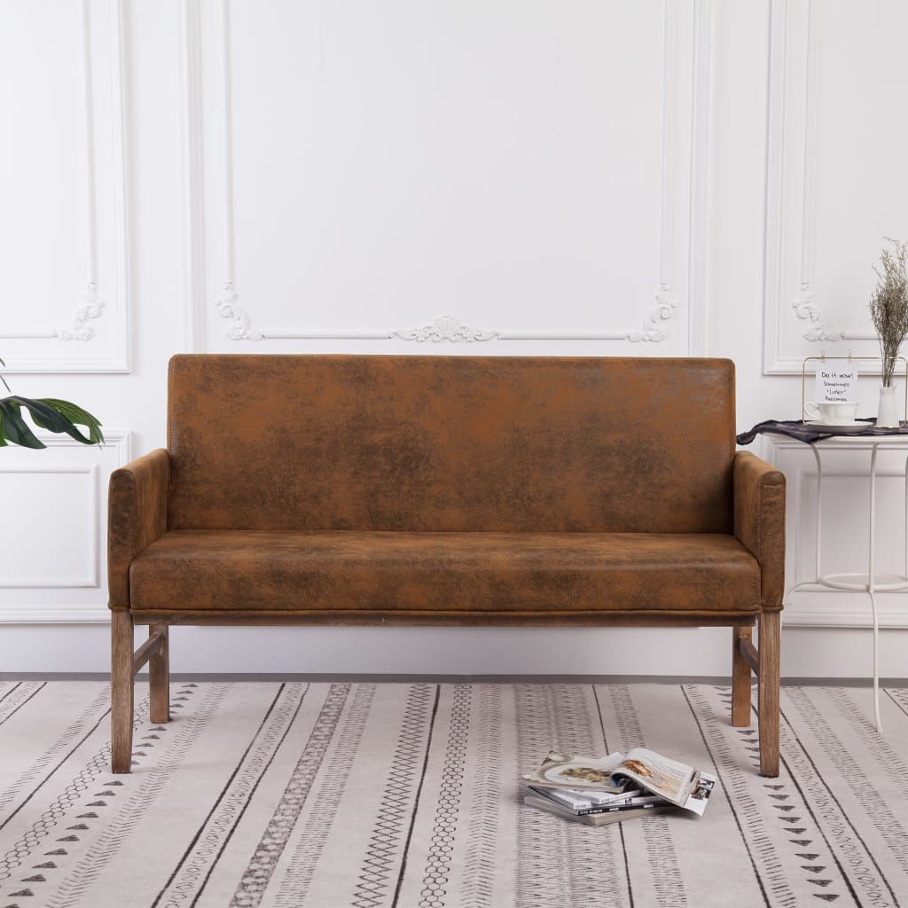 vidaXL Ławka z podłokietnikami, 140 cm, brązowa, sztuczny zamsz
