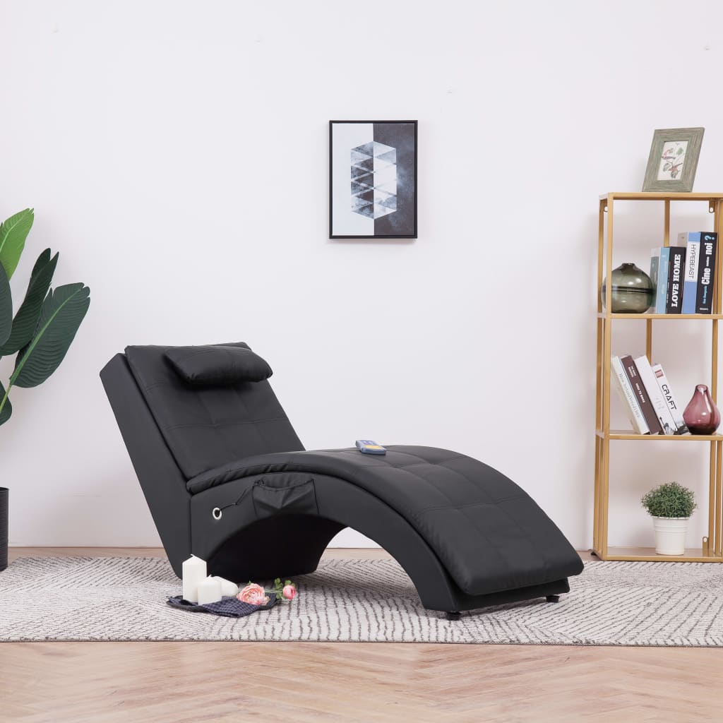 vidaXL Szezlong masujący z poduszką, czarny, sztuczna skóra