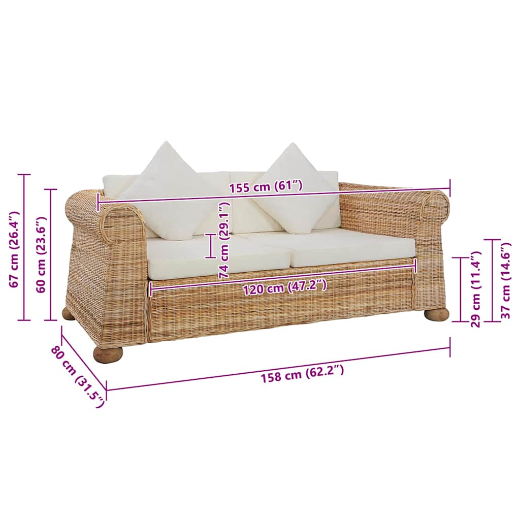 vidaXL 2-osobowa sofa z poduszkami, naturalny rattan