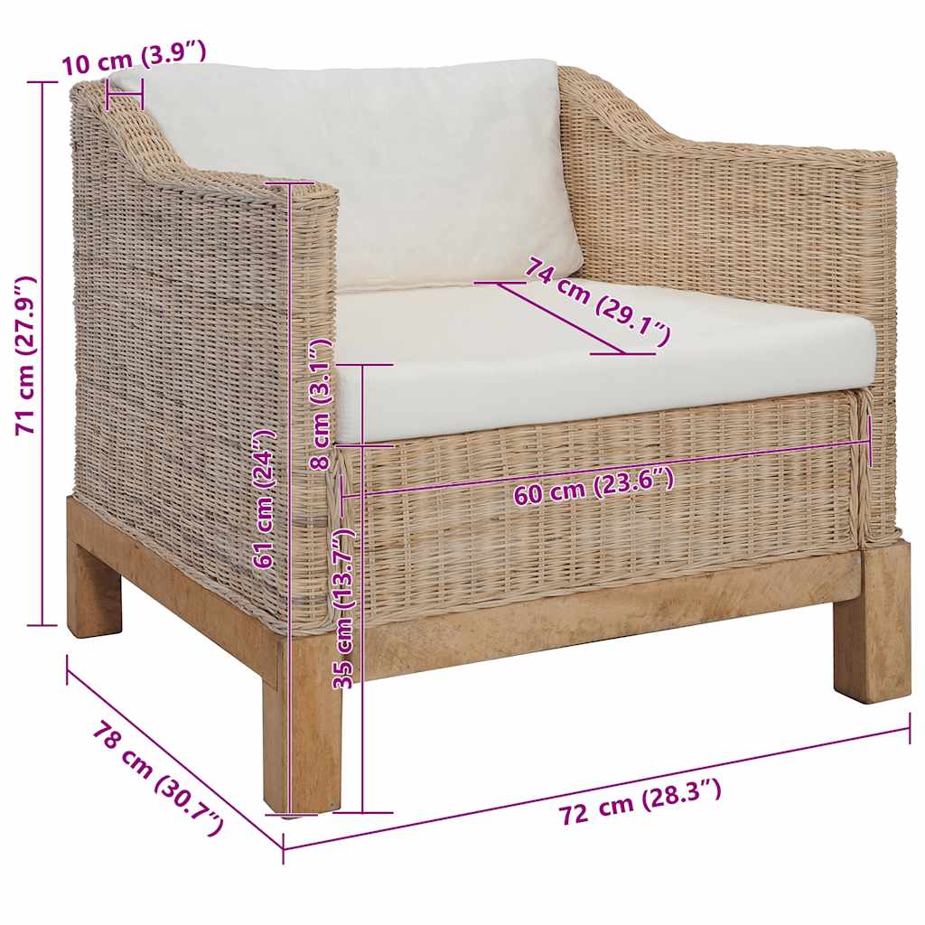 vidaXL Fotel z poduszkami, naturalny rattan