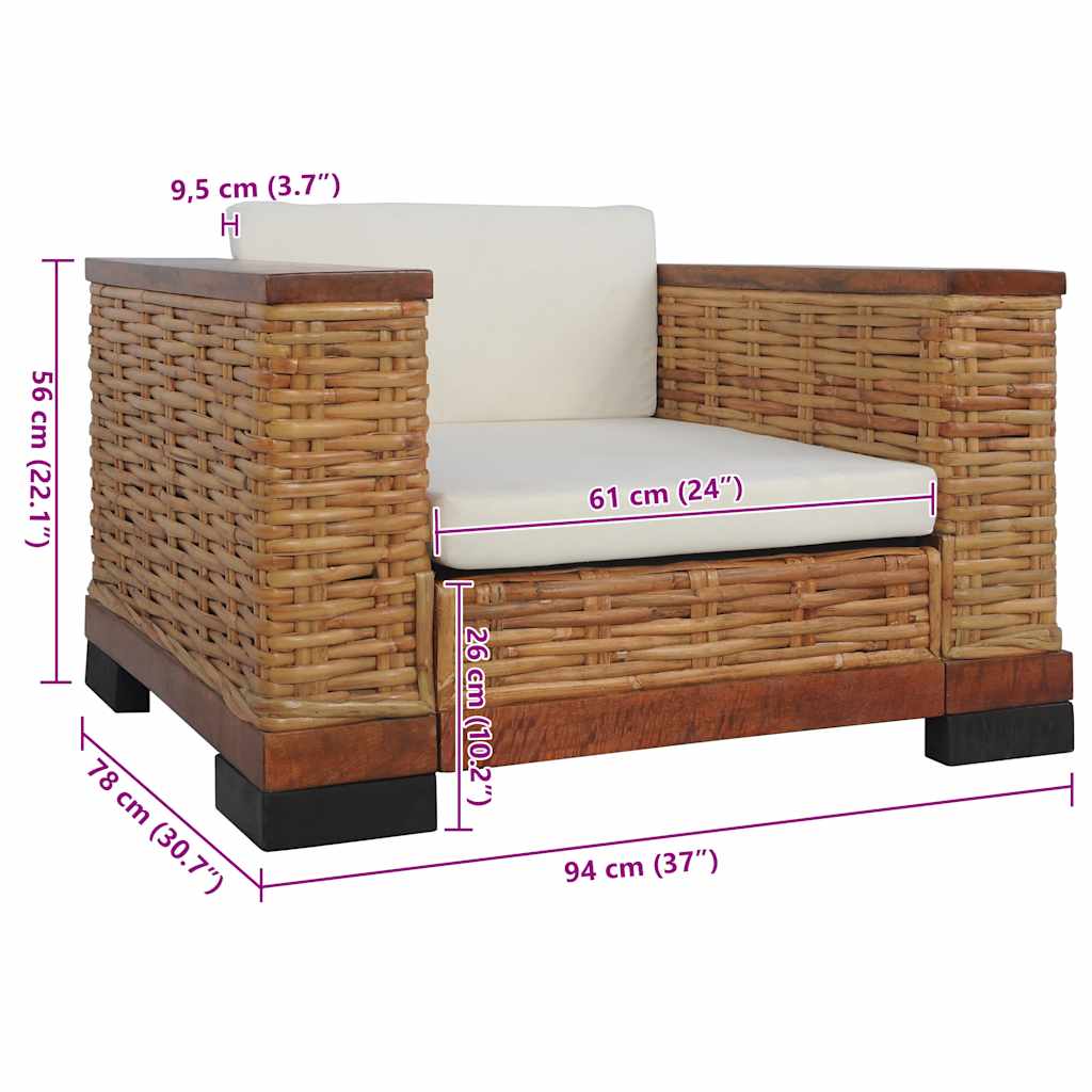 vidaXL Fotel z poduszkami, brązowy, naturalny rattan