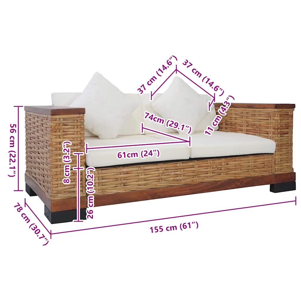 vidaXL 2-osobowa sofa z poduszkami, brązowa, naturalny rattan