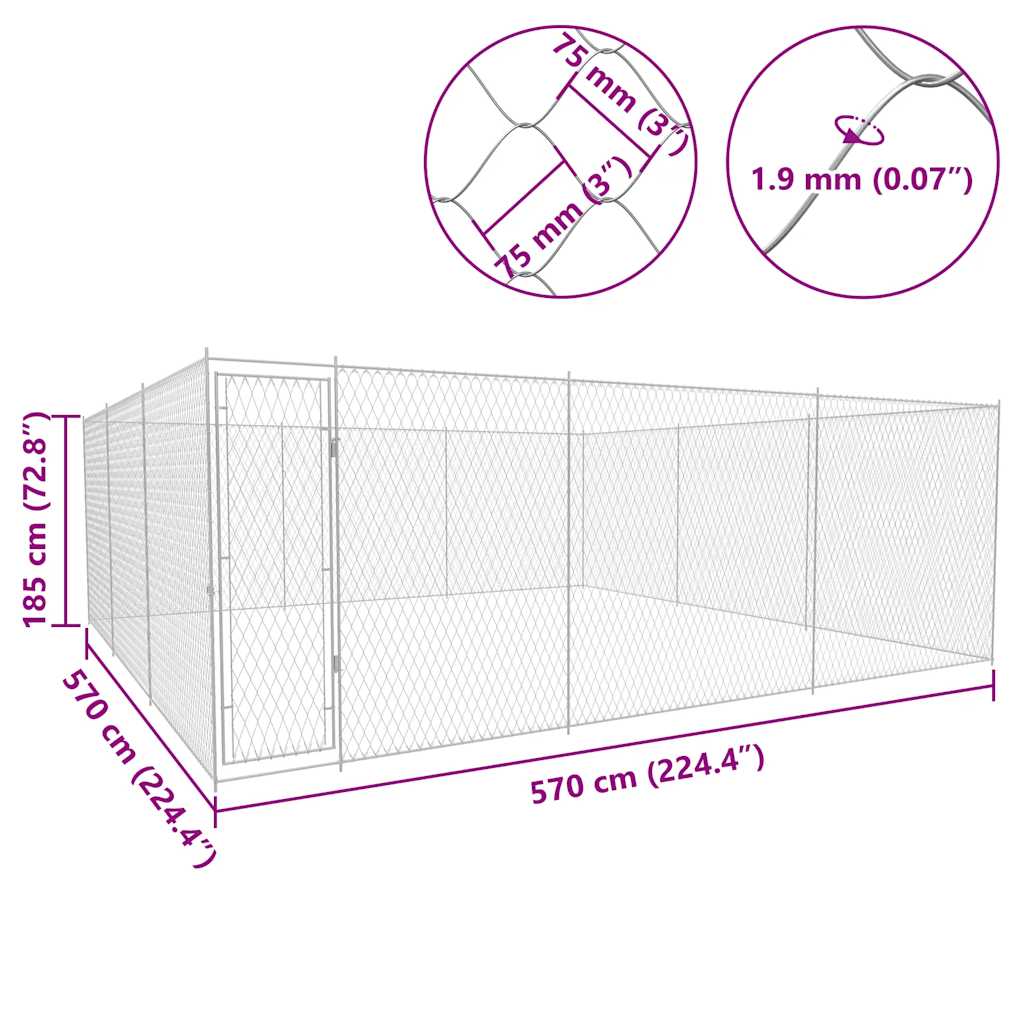 vidaXL Kojec dla psa, galwanizowana stal, 570x570x185 cm