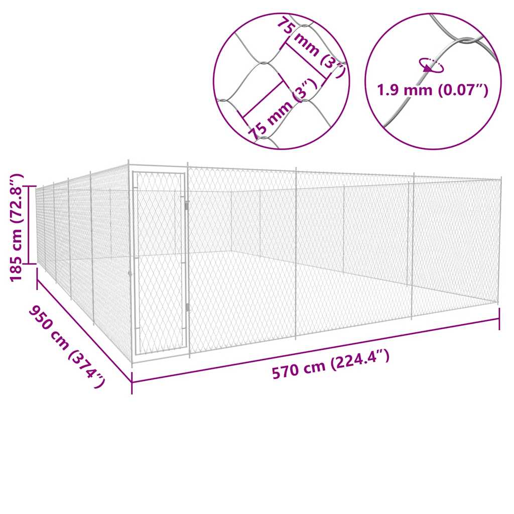 vidaXL Kojec dla psa, galwanizowana stal, 950x570x185 cm