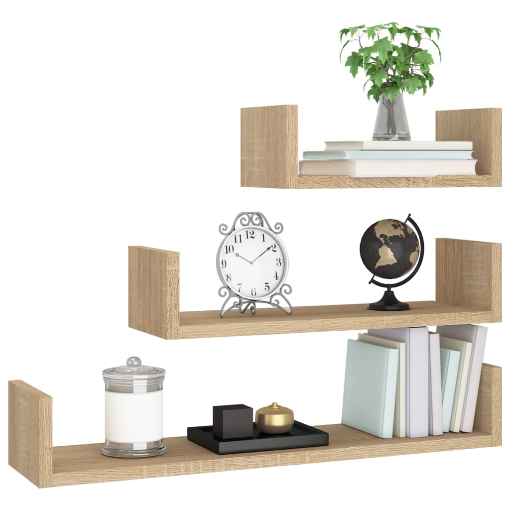 vidaXL Półki ścienne, 3 szt., dąb sonoma, materiał drewnopochodny