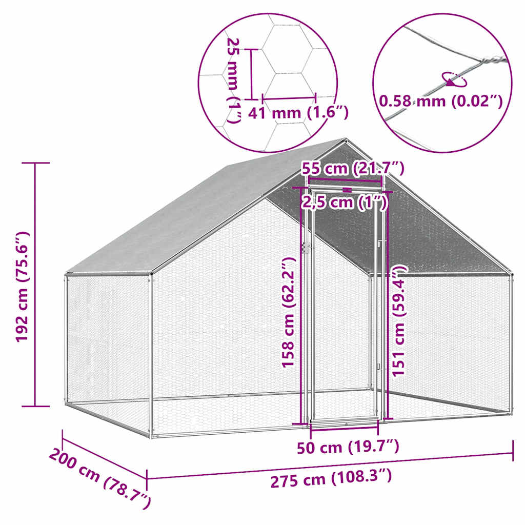 vidaXL Klatka zewnętrzna dla kurcząt, 2,75x2x1,92 m, stal galwanizowana