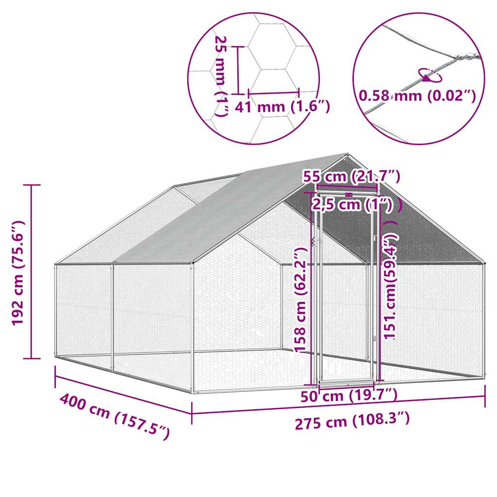 vidaXL Klatka zewnętrzna dla kurcząt, 2,75x4x1,92 m, stal galwanizowana