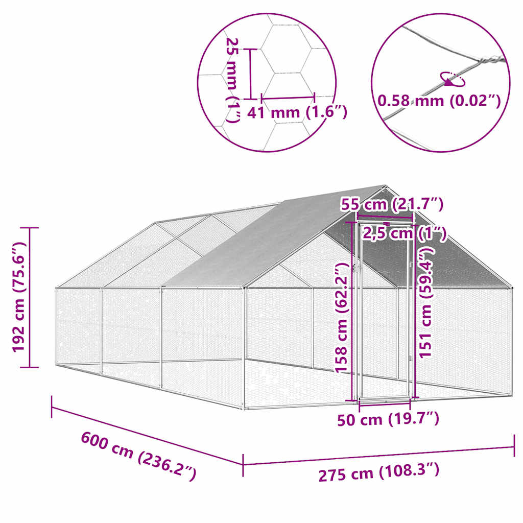 vidaXL Klatka zewnętrzna dla kurcząt, 2,75x6x1,92 m, stal galwanizowana