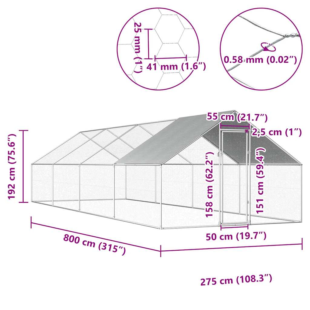 vidaXL Klatka zewnętrzna dla kurcząt, 2,75x8x1,92 m, stal galwanizowana