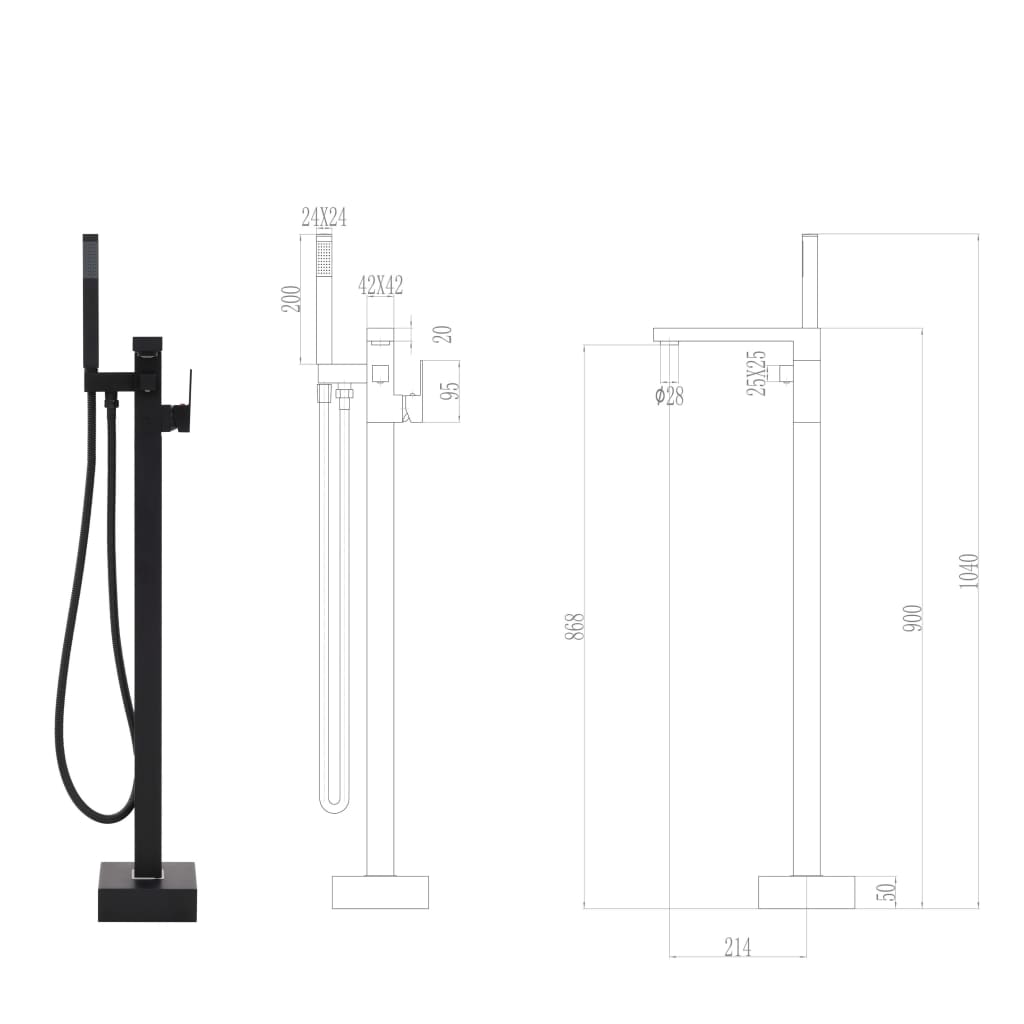 vidaXL Bateria wolnostojąca do wanny, czarna, stal nierdzewna, 90 cm