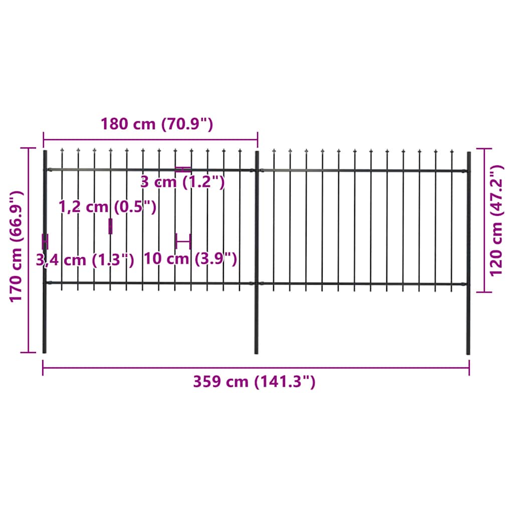 vidaXL Ogrodzenie z prętów z grotami, stalowe, 3,4 x 1,2 m, czarne