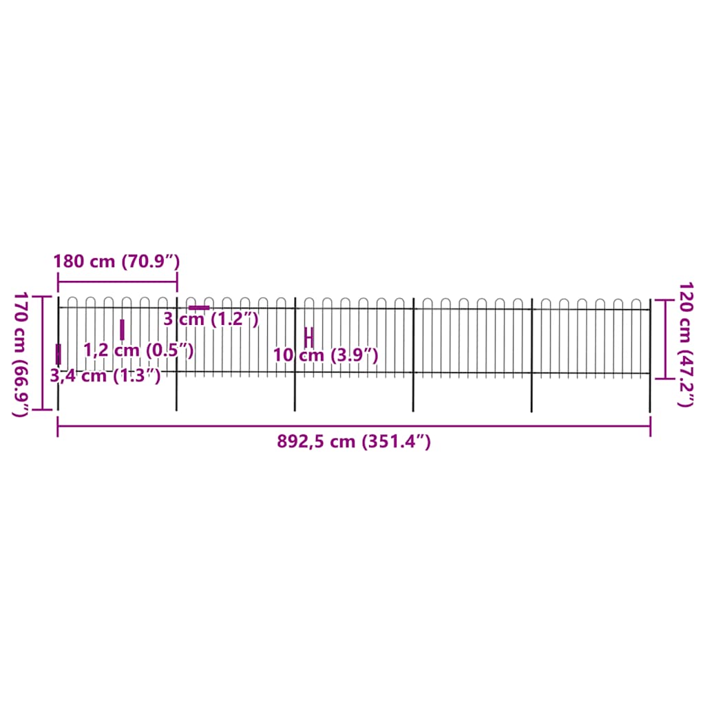 vidaXL Ogrodzenie z zaokrąglonymi końcami, stalowe, 8,5x1,2 m, czarne