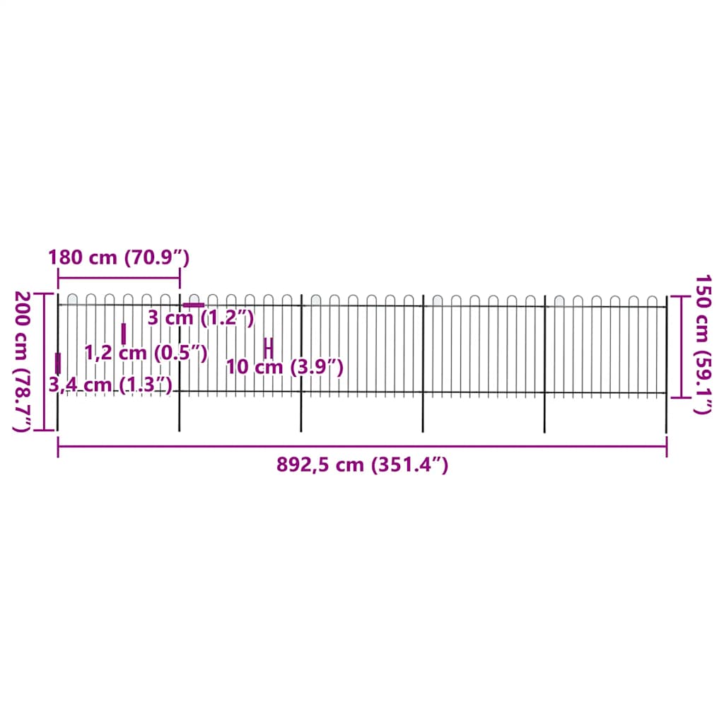 vidaXL Ogrodzenie ogrodowe z obręczą stalową 892,5x150 cm, czarne