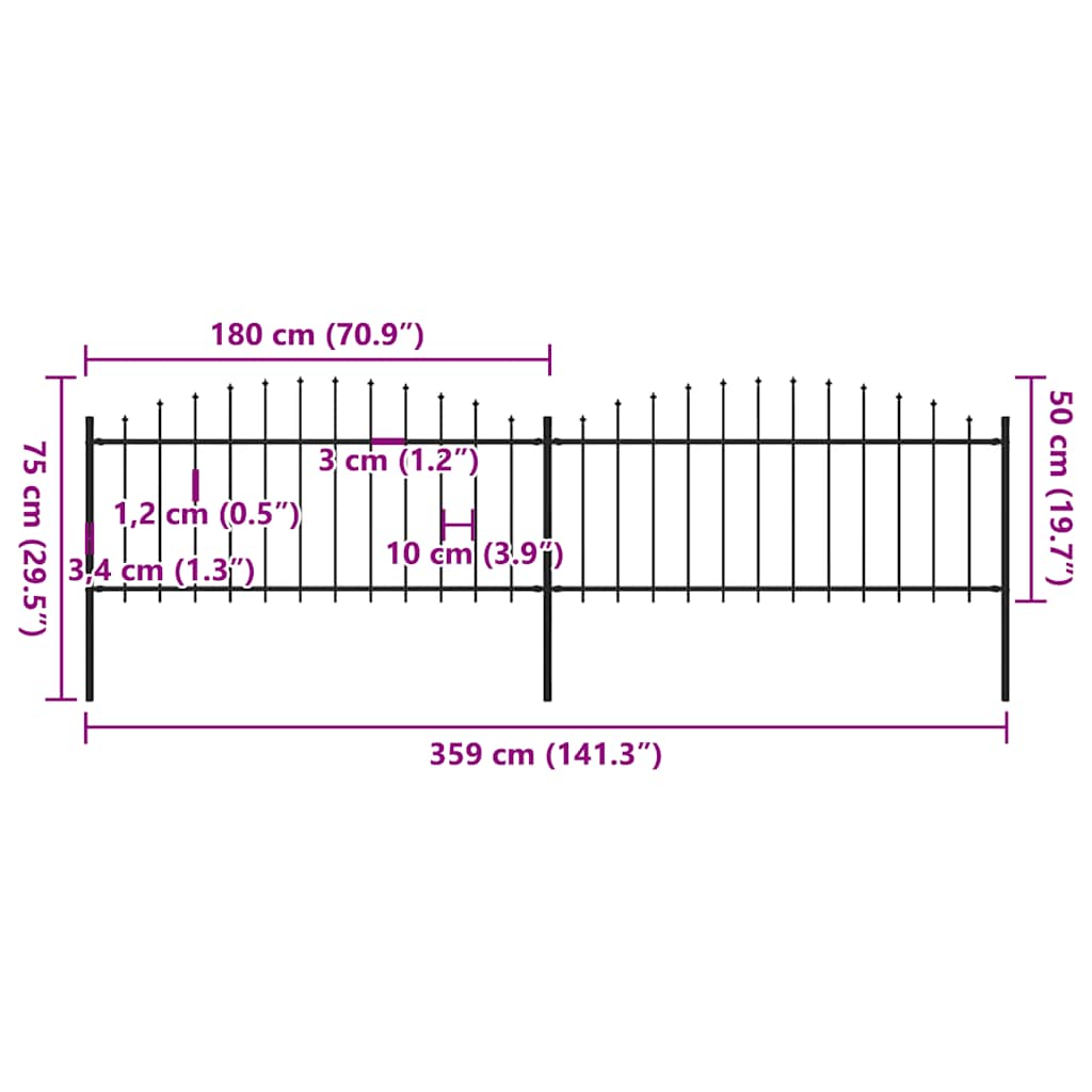 vidaXL Panele ogrodzeniowe z grotami, stal, (0,5-0,75) x 3,4 m, czarne