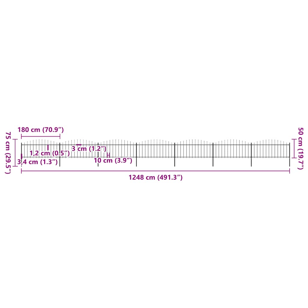 vidaXL Panele ogrodzeniowe z grotami, stal, (0,5-0,75)x11,9 m, czarne