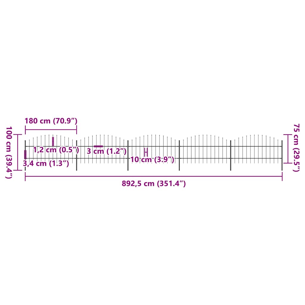 vidaXL Ogrodzenie ogrodowe z włócznią, stalowe, 892,5 x 100 cm, czarne