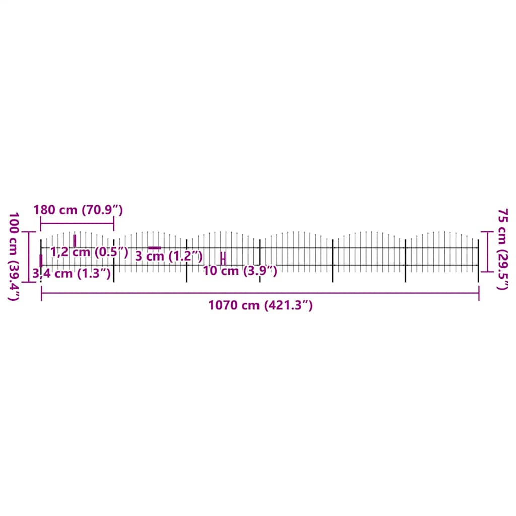 vidaXL Ogrodzenie ogrodowe z włócznią, stalowe, 1070x100 cm, czarne