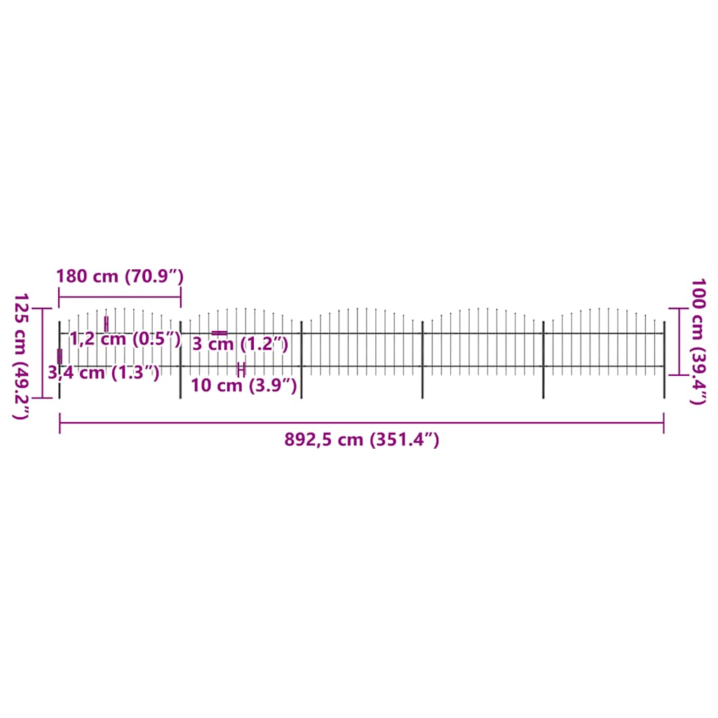vidaXL Ogrodzenie ogrodowe z włócznią, stalowe, 892,5 x 125 cm, czarne
