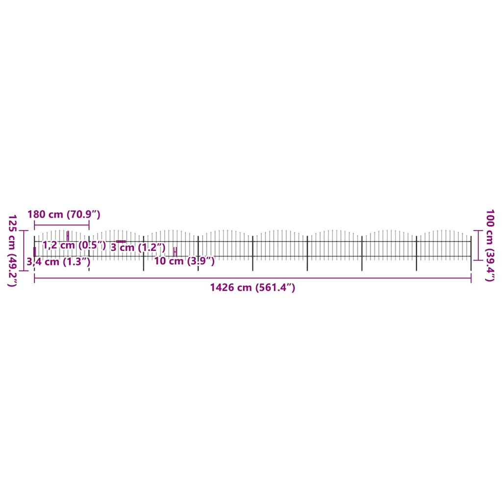 vidaXL Panele ogrodzeniowe z grotami, stal, (1-1,25) x 13,6 m, czarne