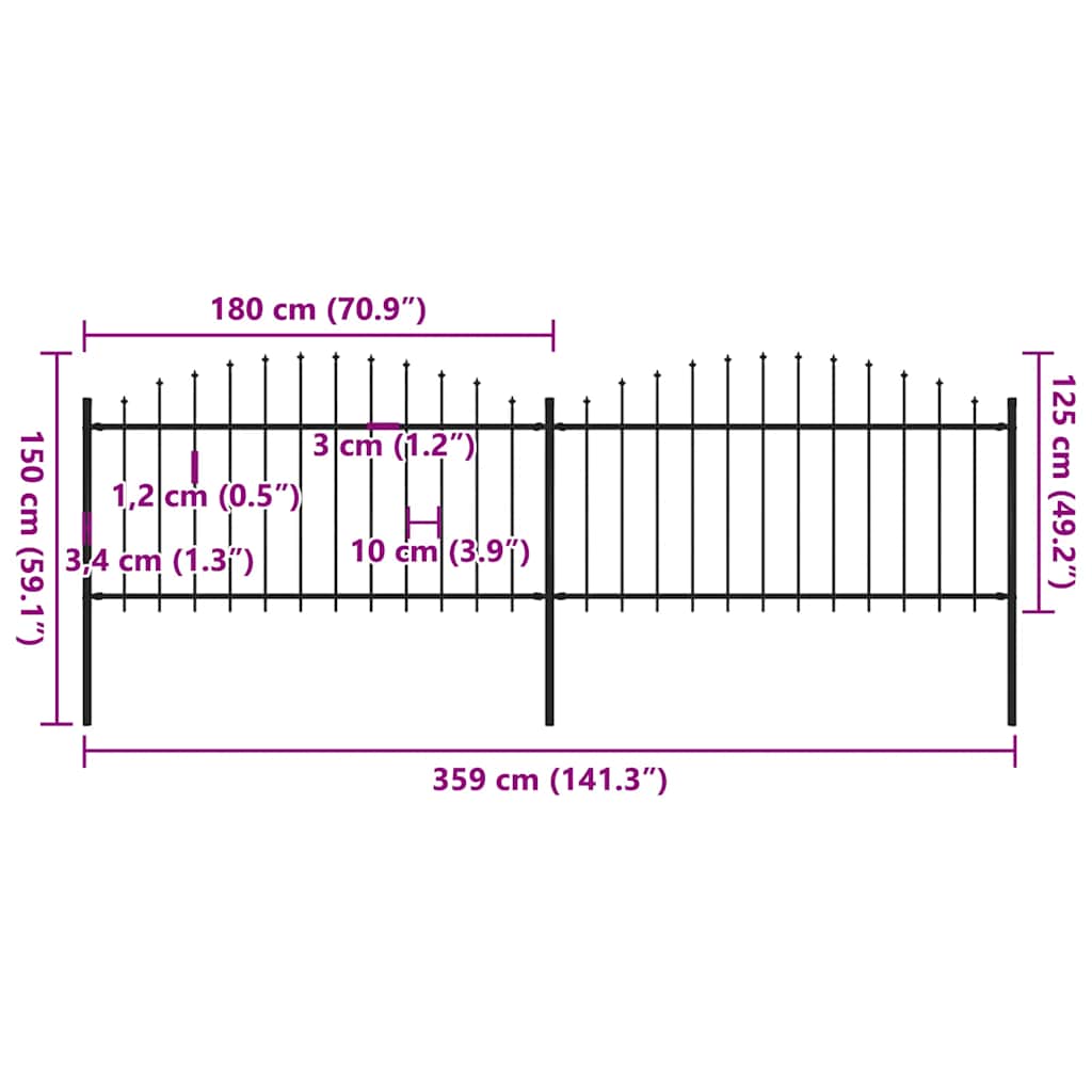 vidaXL Ogrodzenie ogrodowe z włócznią, stalowe, 359 x 150 cm, czarne