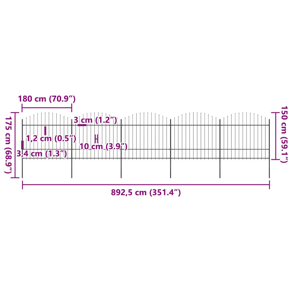 vidaXL Ogrodzenie ogrodowe z włócznią, stalowe, 892,5 x 175 cm, czarne
