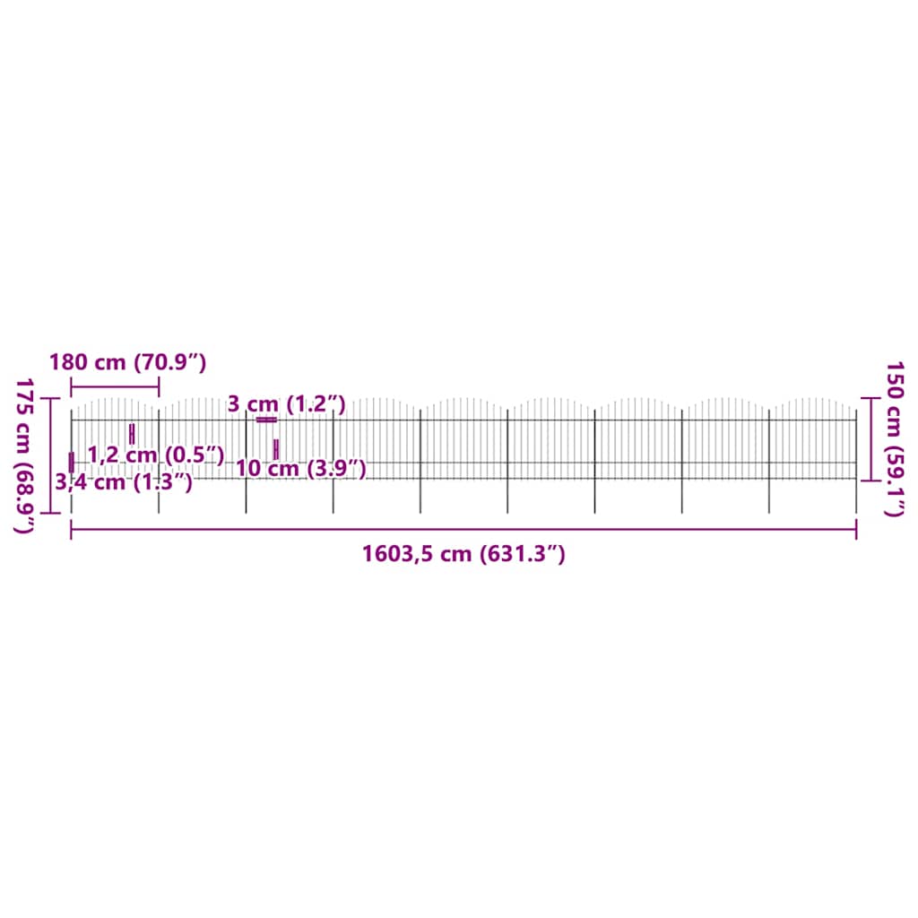 vidaXL Panele ogrodzeniowe z grotami, stal, (1,5-1,75) x 15,3 m, czarne