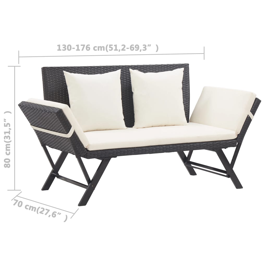 vidaXL Ławka ogrodowa z poduszkami, 176 cm, czarna, polirattan