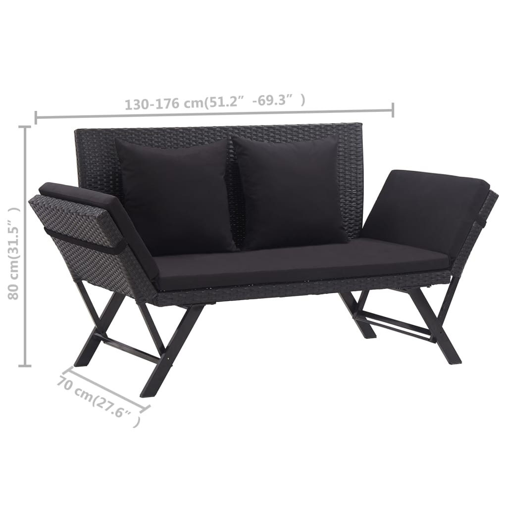 vidaXL Ławka ogrodowa z poduszkami, 176 cm, czarna, polirattan
