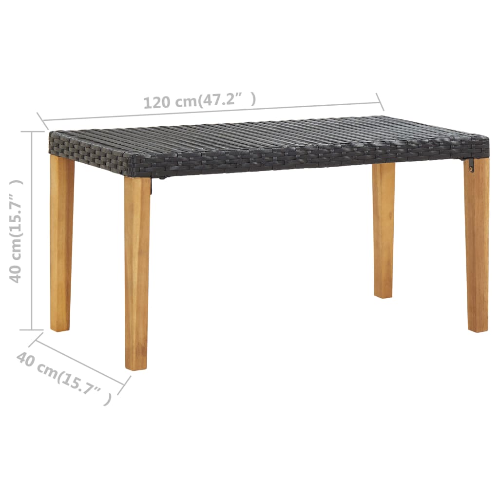 vidaXL Ławka ogrodowa, 120 cm, czarna, polirattan i drewno akacjowe