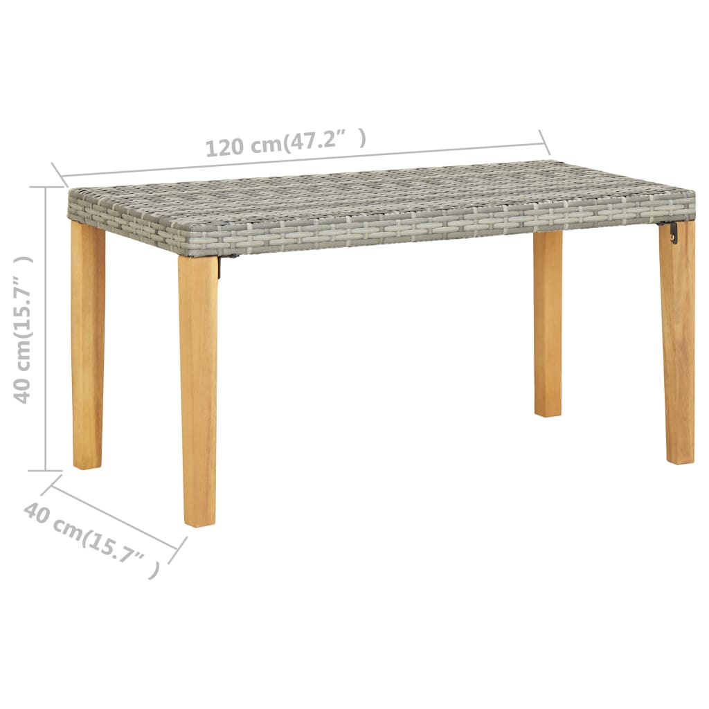 vidaXL Ławka ogrodowa, 120 cm, szara, polirattan i drewno akacjowe