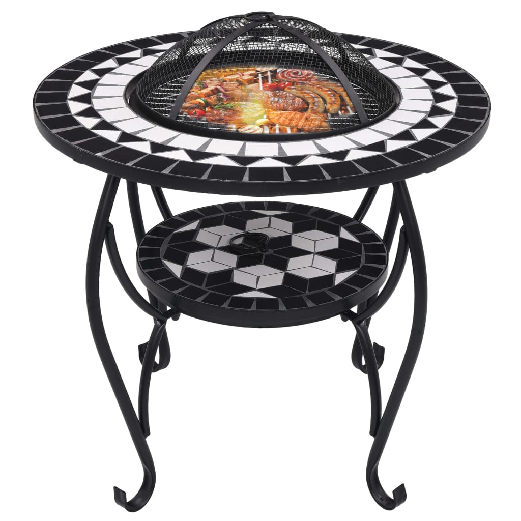 vidaXL Mozaikowe palenisko ze stolikiem, czarno-białe, 68 cm, ceramika