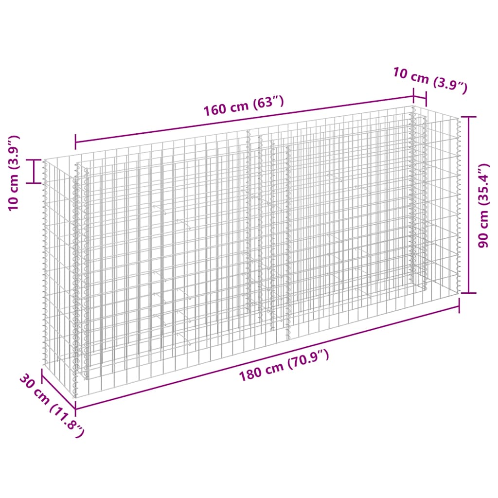 vidaXL Podwyższona donica gabionowa, galwanizowana stal, 180x30x90 cm