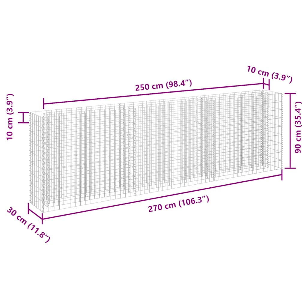 vidaXL Podwyższona donica gabionowa, galwanizowana stal, 270x30x90 cm