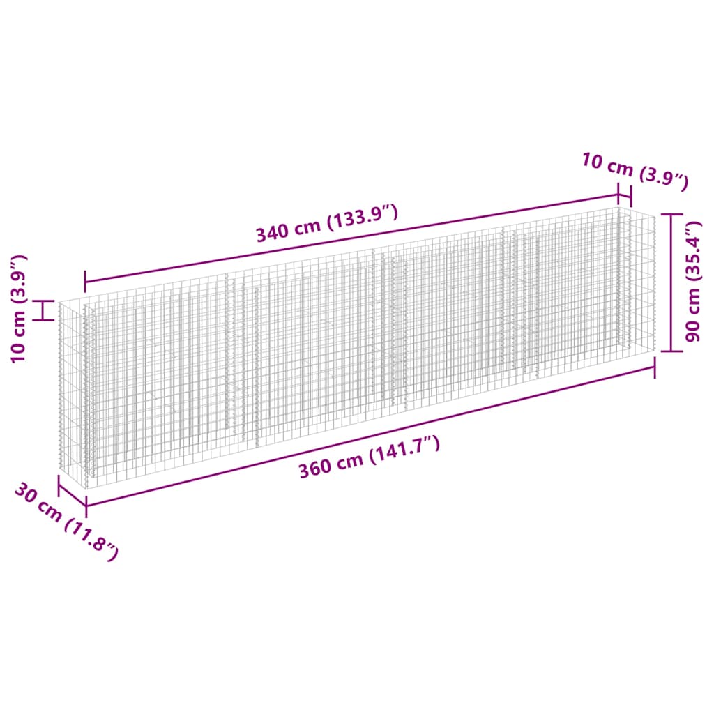 vidaXL Podwyższona donica gabionowa, galwanizowana stal, 360x30x90 cm