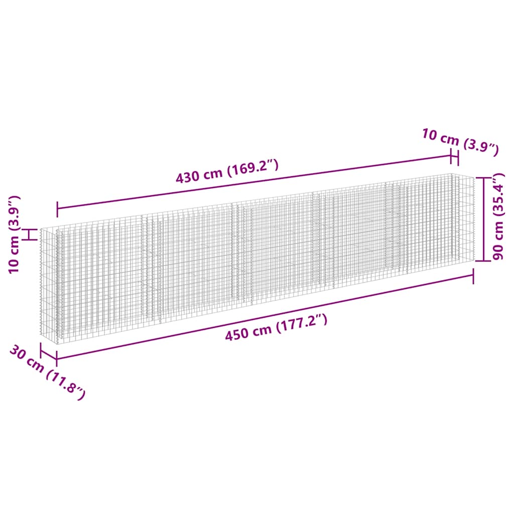 vidaXL Podwyższona donica gabionowa, galwanizowana stal, 450x30x90 cm