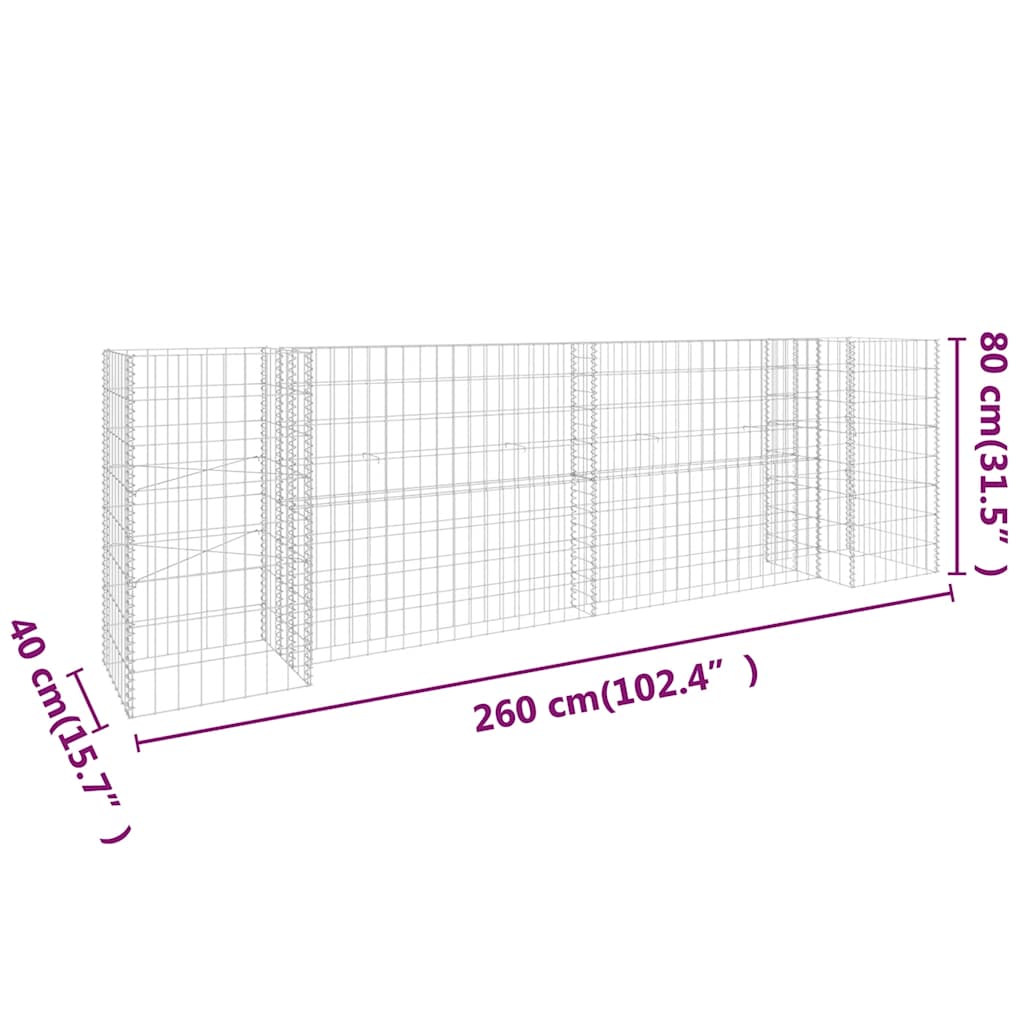 vidaXL Donica gabionowa w kształcie H, drut stalowy, 260x40x80 cm