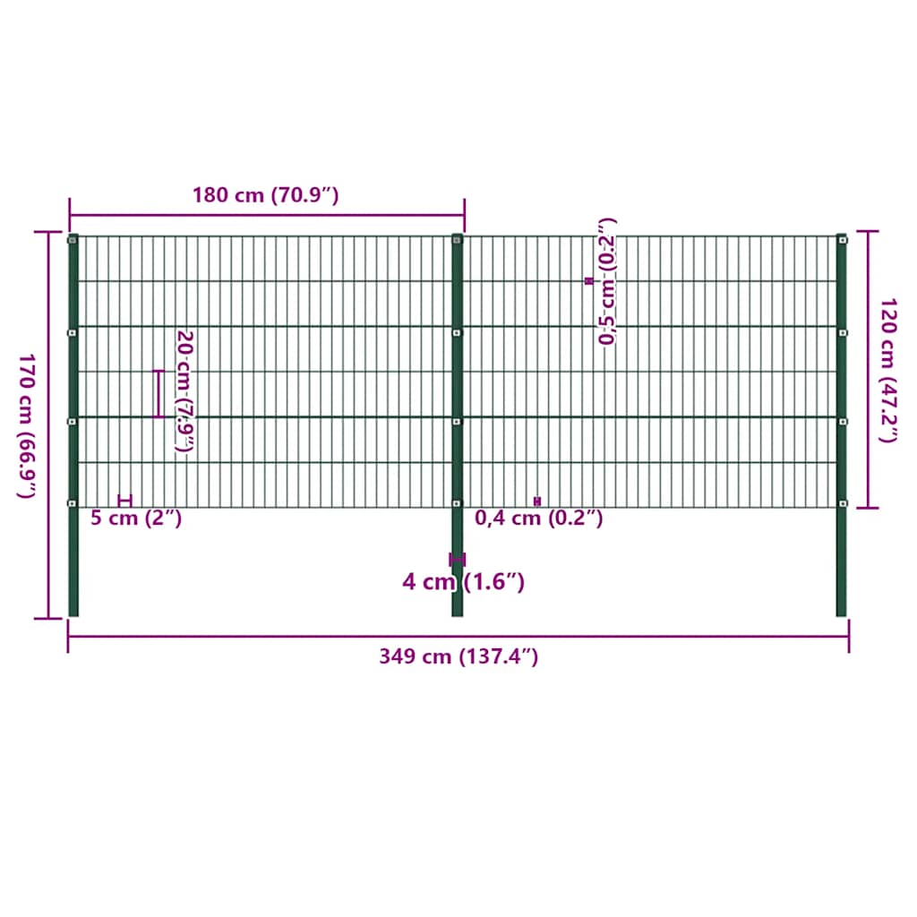 vidaXL Panel ogrodzeniowy ze słupkami żelaznymi 349x120 cm zielony