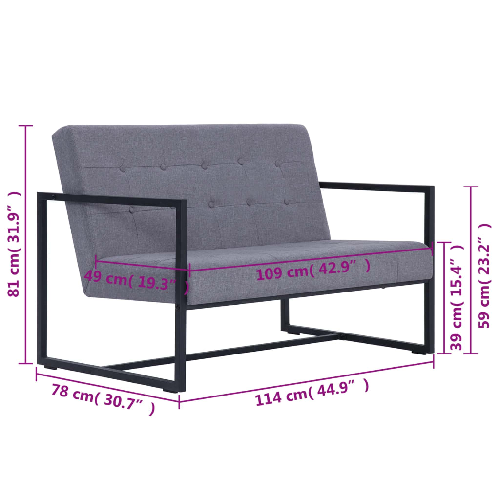 vidaXL 2-osobowa sofa z podłokietnikami, jasnoszara, stal i tkanina