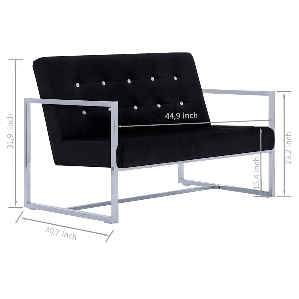 vidaXL Sofa 2-osobowa z podłokietnikami Czarna Chrom i Aksamit