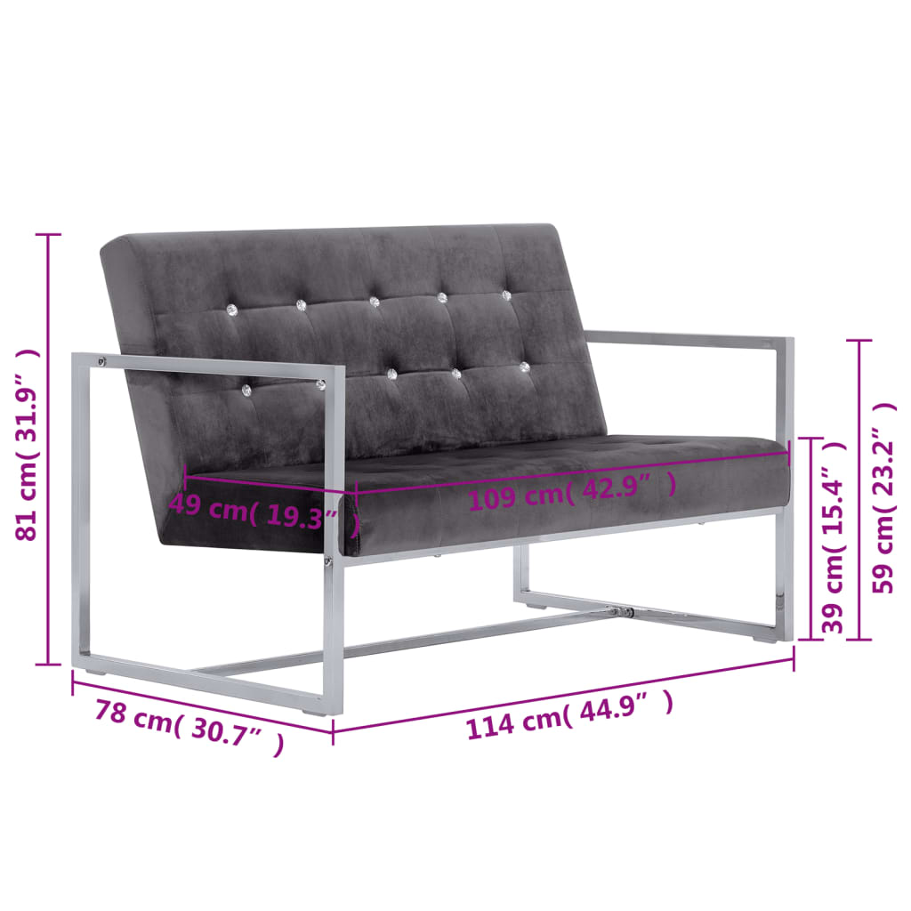 vidaXL 2-osobowa sofa z podłokietnikami, ciemnoszara, chrom i aksamit