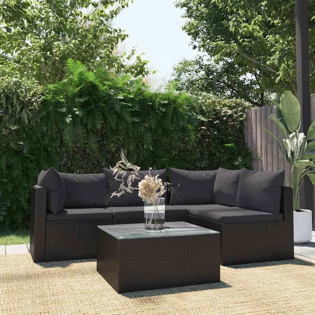 vidaXL 5-częściowy zestaw mebli do ogrodu, poduszki, rattan PE, czarny