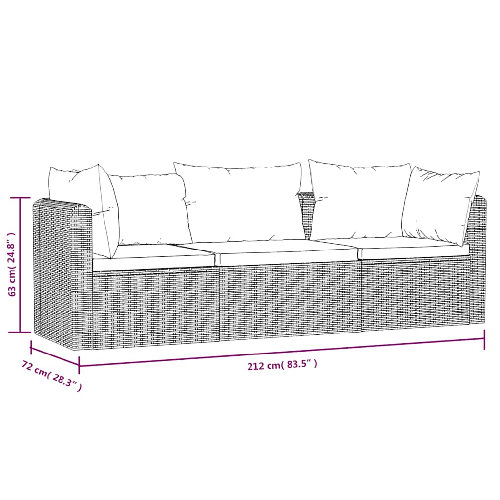 vidaXL 3-częściowa sofa ogrodowa, poduszki, rattan PE, czarny