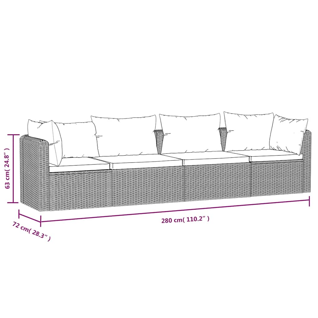 vidaXL 4-częściowa sofa ogrodowa, poduszki, rattan PE, czarna