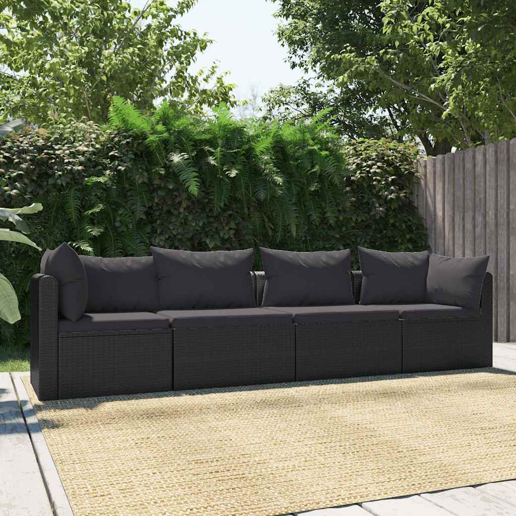 vidaXL 4-częściowa sofa ogrodowa, poduszki, rattan PE, czarna