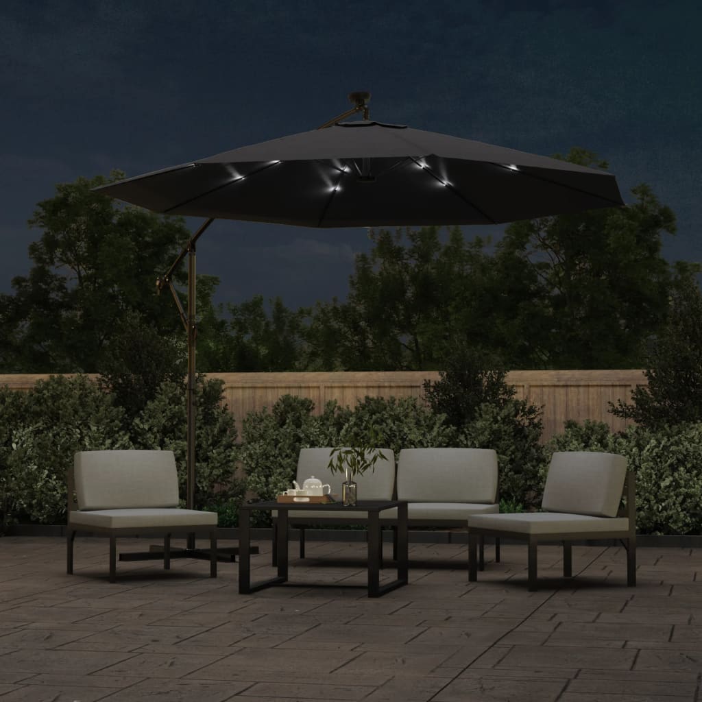 vidaXL Parasol wiszący z LED i stalowym słupkiem, 300 cm, czarny