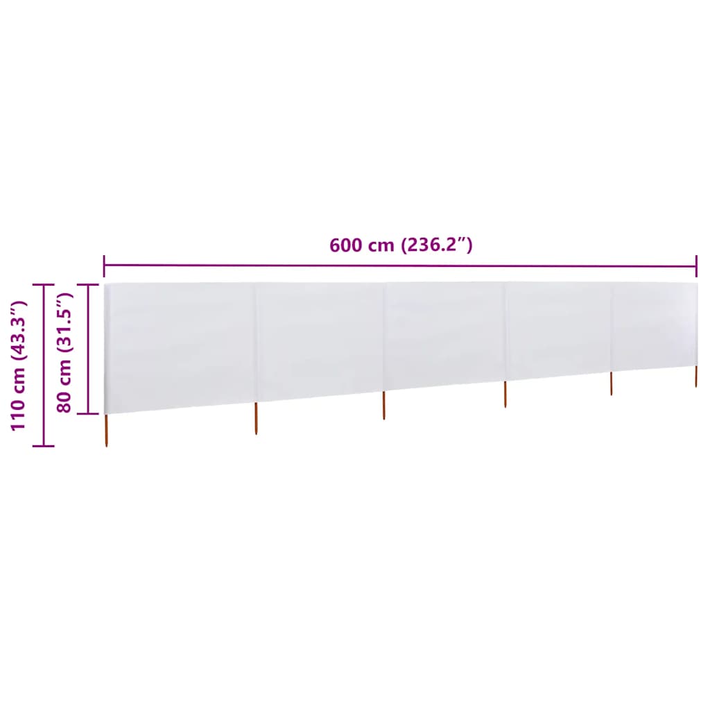 vidaXL Parawan 5-skrzydłowy z tkaniny, 600x80 cm, piaskowy biały