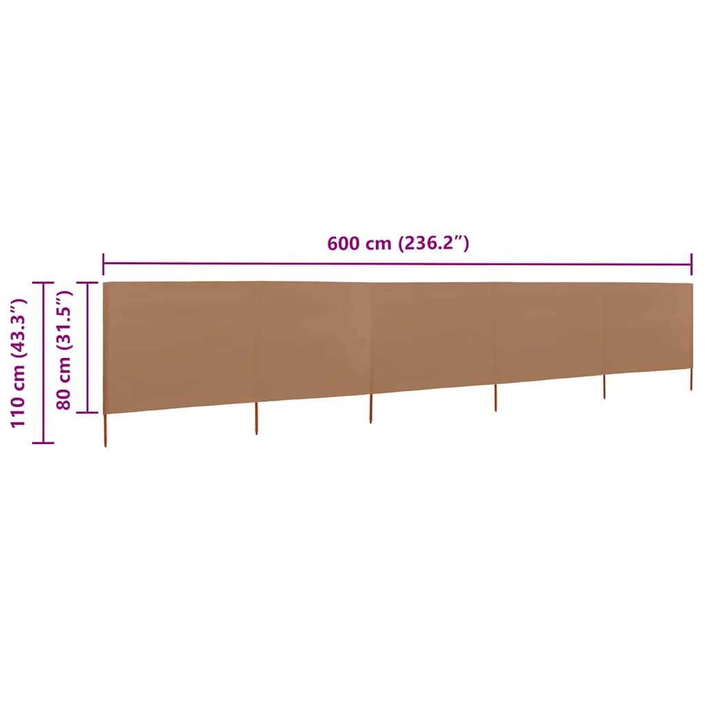 vidaXL Parawan 5-skrzydłowy z tkaniny, 600x80 cm, taupe